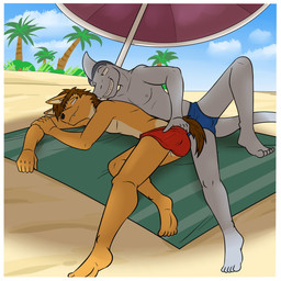 anal anal_fingering anthro beach beach_towel beach_umbrella bite biting_lip blue_sky bulge butt butt_grab clothing cloud day duo fingering hand_on_butt hand_under_clothing implied_fingering light lying male male/male nipples outside palm_tree parasol plant sand sky skyscape speedo sunlight swimming_trunks swimwear towel tree under_shade fuze texnatsu ian_dela_cruz mond_reyes aquatic canid canine canis coyote fish mammal shark 1:1 hi_res