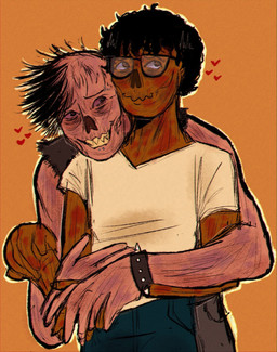 balding black_clothing black_hair black_shirt black_tank_top black_topwear bottomwear bracelet clothing denim denim_bottomwear denim_clothing duo eyewear glasses grin hair heart_symbol hug hugging_another hugging_from_behind jeans jewelry male male/male missing_nose necrosis new_vegas not_furry orange_background pants sharp_teeth shirt simple_background smile spiked_bracelet spikes standing t-shirt tank_top teeth topwear wearing_glasses white_clothing white_shirt white_t-shirt white_topwear nuclearconsole fallout microsoft silvio_rivera_(nuclearconsole) wu-yi_(nuclearconsole) ghoul_(fallout) humanoid english_description hi_res