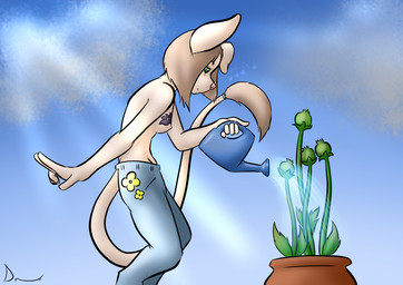 anthro bottomwear breast_tattoo breasts clothed clothing denim denim_bottomwear denim_clothing eyebrows female floppy_ears flower green_hair hair jeans long_tail looking_down musical_note musical_symbol nipples outside pants plant plant_pot poppy_(flower) side_view sky smile solo standing sun symbol tail tail_tuft tattoo topless topless_female tuft watering watering_can danaume hybrid mammal mouse murid murine rodent sciurid tree_squirrel
