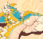 anthro big_butt blue_body blue_scales butt capcom eddy_dusty fanged_wyvern hair horn inner_ear_fluff looking_at_viewer looking_back looking_back_at_viewer lying male monster_hunter muscular muscular_male nude on_side rear_view scales signature simple_background solo tuft white_hair zinogre