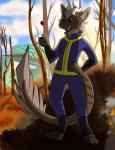 ambiguous_gender anthro blue_eyes clothed clothing cloud fluffy looking_at_viewer outside plant smile solo tail tongue tree vault_suit tropicanis fallout microsoft mythology remus_(turbothunder) dragon mythological_creature mythological_scalie scalie digital_media_(artwork) hi_res