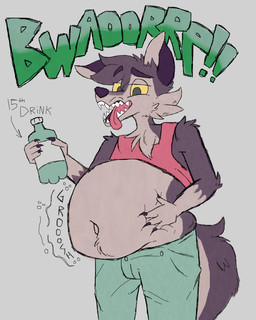 anthro belly big_belly bloated burping container cup drinking_glass food food_fetish glass glass_container glass_cup holding_belly male open_mouth rumbling_stomach solo stuffing tired_eyes starry_stoat ronan_raccoon canid canine canis mammal wolf 4:5 absurd_res hi_res