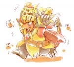 3_toes anthro armor belly blonde_hair cape chibi claws clothing fangs feet hair headgear helmet horn male open_mouth orange_belly red_body simple_background solo tail teeth toes haruki bushiroad future_card_buddyfight mythology drum_bunker_dragon dragon mythological_creature mythological_scalie scalie 2014