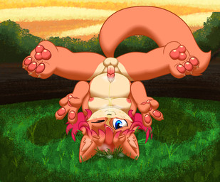 anthro belly bodily_fluids genital_fluids gesture hand_gesture lying male moobs on_back outside pawpads paws peeing peeing_on_face peeing_on_self slightly_chubby slightly_chubby_male solo upside_down urine urine_on_face urine_on_self v_sign watersports young young_male milowo felid feline mammal hi_res
