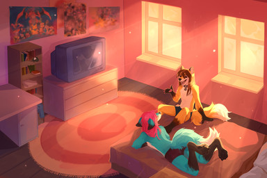 bed bookshelf desk electronics femboy furniture happy male pawpads paws pillow poster sun table television window window_light corzh77 takiro my_hero_academia nintendo pokemon pokemon_mystery_dungeon spike_chunsoft nyaaa_foxx canid canine fox mammal hi_res