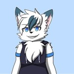 anthro black_nose blue_background blue_eyes chest_tuft clothed clothing dipstick_ears ear_markings fur grin hair male multicolored_ears shirt simple_background smile solo tank_top topwear tuft white_body white_fur fiona_(artist) rush_the_wolf canid canine canis mammal wolf 1:1