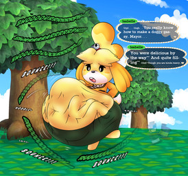 abdominal_bulge accessory anthro bell bell_accessory belly big_belly black_nose black_sclera blonde_hair blue_sky blush body_blush bottomwear buckteeth clothing cloud dialogue dipstick_tail female grass green_bottomwear green_clothing green_skirt hair hair_accessory hairband hand_on_belly hand_on_own_belly huge_belly hyper hyper_belly logo looking_at_belly looking_at_own_belly looking_down looking_down_at_self markings motion_lines navel onomatopoeia open_mouth outside pink_tongue plant red_hairband red_mouth rumbling_stomach same_size_vore skirt sky solo sound_effects speech_bubble tail tail_markings talking_to_another teeth text tight_clothing tongue topwear tree vest vore white_eyes white_tail_tip yellow_body yellow_clothing yellow_ears yellow_tail yellow_topwear yellow_vest fancy_blue animal_crossing nintendo isabelle_(animal_crossing) canid canine canis domestic_dog mammal shih_tzu toy_dog 2026 absurd_res artist_logo colored digital_media_(artwork) english_text hi_res shaded