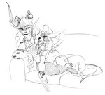 2_horns 3_toes 4_fingers anthro beard bedroom_eyes big_pecs broken_horn claws closed_smile clothed clothed_anthro clothed_female clothed_humanoid clothed_male clothing duo eye_contact facial_hair feet female female_humanoid fingers fully_clothed fully_clothed_anthro fully_clothed_female fully_clothed_humanoid fully_clothed_male furgonomics furniture furry-specific_piercing hair half-closed_eyes happy head_horn head_tuft horn horn_piercing horn_ring_(piercing) humanoid_hands humanoid_on_anthro larger_female larger_humanoid lipstick looking_at_another looking_down_at_partner looking_up_at_partner lying makeup male male/female mouth_closed muscle_size_difference muscular muscular_anthro muscular_male mustache narrowed_eyes on_sofa open_mouth open_smile pecs piercing ring_piercing seductive short short_anthro short_male sitting size_difference slim_female slim_humanoid smaller_anthro smaller_male smile sofa three-quarter_view toes tuft bristol league_of_legends riot_games tencent wildstar fan_character chua draken humanoid yordle 2018 black_and_white digital_media_(artwork) full-length_portrait monochrome portrait sketch