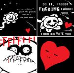 2015 alternate_species angry animate_inanimate black_and_white_and_red blood bodily_fluids comic death_stare dialogue digital_media_(artwork) duo elemental_creature english_text flora_fauna flowey_the_flower frisk_(undertale) heart_symbol homophobic_slur humor insult meme monster not_furry plant profanity slur solo_focus soul_(undertale) text undertale undertale_(series) unimpressed unknown_artist