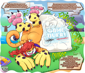 3_toes accessory anthro anthro_pred anthro_prey belly big_belly big_butt big_toes blush bumping_on_belly butt claws death dialogue digestion digestion_implied dinosaur_prey ear_piercing ear_tag exposed_butt fatal fatal_vore feet female female_pred female_prey foot_fetish furgonomics game_over gameplay_mechanics green_eyes hair imminent_death imprints jewelry long_hair machine male male_prey mascot mean mocking multiple_prey pawpads permanent_digestion piercing prey_imprint red_hair resting_on_belly ring rumbling_stomach shortstack smug_expression smug_face tail tail_accessory tail_jewelry tail_ring text thick_thighs toes unwilling_prey videogame_setting vore willing_pred cabezilla gameoverse glitch_productions ariel_the_tiger gobbles_(gameoverse) kaboodle_(gameoverse) kit_bodega dinosaur felid feline mammal pantherine prehistoric_species reptile scalie tiger 2026 digital_drawing_(artwork) digital_media_(artwork) english_text hi_res