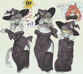 5_fingers accessory annoyed anthro asymmetrical_ears bare_shoulders big_breasts black_bow black_bra black_choker black_clothing black_dress black_hat black_headwear black_jewelry black_legwear black_necklace black_thigh_highs black_underwear blush blush_lines bow_accessory bow_ribbon bra braided_tail breast_squish breasts breath choker cleavage closed_smile clothed clothing collarbone countershade_breasts countershade_face countershade_legs countershade_neck countershade_torso countershading cross cross_necklace dot_pupils dreadlocks dress duo ear_piercing ears_through_headwear emanata exclamation_point eye_bags eyelashes facial_piercing fangs female fingers frown frustrated fur furgonomics furrowed_eyebrows grey_body grey_fur hair hair_over_eye half-closed_eyes hand_on_breast hands_together hat headgear headwear heart_symbol helix_piercing humanoid_hands jewelry kinky_hair legwear lip_piercing lip_ring long_dress long_hair long_sleeves magic_user makeup markings mascara medium_breasts medium_hair mole_(marking) mole_under_eye mouth_closed multiple_expressions multiple_outfits narrowed_eyes necklace no_bra nose_piercing nose_ring open_mouth orange_hair pantsless piercing pointy_ears question_mark ribbons ring_piercing short_snout shoulderless_topwear simple_background sleeves_past_fingers sleeves_past_wrists smile solo_focus squish surprised sweater tail tail_accessory tail_bow tail_ribbon tan_body tan_fur teeth thigh_highs thinking_about_another thought_bubble topwear turtleneck underwear wavy_hair white_breasts white_fingers white_hair wide_eyed wide_hips wife witch witch_costume witch_hat yellow_eyes yellow_sclera wolfertinger magna_(puppkittyfan1) tammy_(puppkittyfan1) canid canine canis domestic_dog fox mammal maned_wolf marble_fox red_fox true_fox 2025 hi_res portrait shaded soft_shading three-quarter_portrait trans_(lore) trans_woman_(lore)