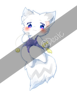 anthro blush camel_toe chibi female fur kemono simple_background solo white_background white_body white_fur deaic canid canine mammal 2019 distracting_watermark full-length_portrait hi_res portrait watermark