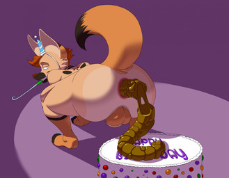 anthro anus balls birthday birthday_cake black_body black_fur brown_body brown_fur brown_hair butt cake clothing dessert dipstick_tail feces feces_on_food feces_pile food fur genitals hair hat headgear headwear leg_markings looking_back male male_pooping markings multicolored_body multicolored_fur narrowed_eyes open_mouth open_smile party_hat party_horn pooping pooping_on_food purple_background raised_tail scatplay simple_background smile socks_(marking) solo tail tail_markings tan_body tan_fur teeth yellow_eyes el_brapitto dusky_(floofer318) canid canine fennec_fox fox mammal true_fox hi_res