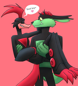 anthro black_bodysuit black_clothing black_skinsuit blush bodysuit carrying_another carrying_partner clothed clothing duo ears_back eyes_closed good_boy hand_on_head heart_symbol looking_at_another male male/male monotone_background pivoted_ears simple_background skinsuit smile speech_bubble tail tight_clothing yellow_sclera fernypaw loonatics_unleashed looney_tunes warner_brothers rev_runner tech_e._coyote avian bird canid canine canis coyote cuculiform mammal new_world_ground_cuckoo roadrunner 2026 hi_res