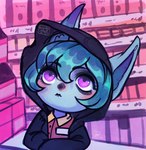 black_clothing black_hoodie black_nose black_topwear blush clothing ears_through_headwear female green_hair grey_body grey_skin hair hoodie logo looking_up purple_eyes shelf short_hair solo store topwear work_clothes poposhirat league_of_legends riot_games tencent vex_(lol) humanoid yordle 2023 artist_logo artist_name hi_res