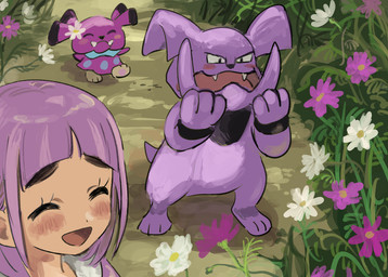 ambiguous_gender anthro blush blush_lines eyes_closed fangs female flower flower_accessory grass group hair open_mouth pawpads paws pink_body pink_hair plant teeth tongue trio young young_human oitann nintendo pokemon lacey_(pokemon) canid canine generation_2_pokemon granbull human mammal pokemon_(species) snubbull 2025