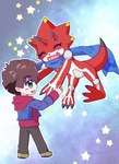 anthro blush brown_hair chibi claws clothing codpiece duo green_eyes hair hoodie horn male red_body scarf topwear juglans_b612 bandai_namco digimon digimon_ghost_game hiro_amanokawa betelgammamon digimon_(species) human mammal hi_res