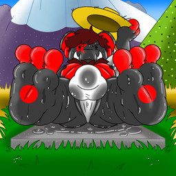anthro asian_clothing balls black_body black_skin bodily_fluids butt clothing coat east_asian_clothing feet fundoshi g10_elephant_(h8rny_drag0ny) genitals grass hair_chest hat headgear headwear japanese_clothing landscape male mountain nipples paws plant red_body red_skin solo straw_hat sweat sweatdrop sweaty_balls sweaty_butt sweaty_feet sweaty_genitalia topwear translucent underwear h8rny_drag0ny elephant elephantid mammal proboscidean 1:1 hi_res