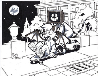 anthro building cheek_tuft clothed clothing duo facial_tuft fangs footwear lamp lantern logo male markings membrane_(anatomy) membranous_wings open_mouth outside plant shirt shoes sitting skateboard sky star striped_markings striped_tail stripes t-shirt tail tail_markings teeth topwear tree tuft vehicle wings young young_anthro young_male pandapaco canid canine mammal monitor_head 2016 artist_logo dated monochrome signature