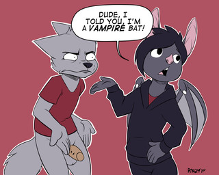 balls bite_mark_on_penis bottomless clothed clothing dialogue duo fully_clothed fur genital_torture genitals grey_body grey_fur humor male male/male partially_clothed penis red_background simple_background rinzy bat canid canine canis leaf-nosed_bat mammal microbat vampire_bat wolf yangochiropteran 5:4
