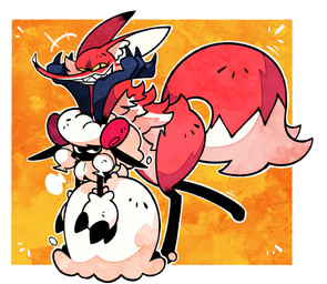 annoyed anthro black_body claws clothing dress duo female fur gloves_(marking) horn larger_female leg_markings long_muzzle markings multicolored_body pseudo_clothing sharp_teeth size_difference smaller_female smile socks_(marking) tail teeth thick_thighs white_body wide_hips wool_(fur) snoozingwell bovid canid canine caprine fox mammal sheep 2025 hi_res