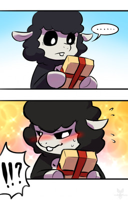 anthro black_body black_fur black_wool blush bodily_fluids dialogue female fur gift holidays smile solo speech_bubble sweat wool_(fur) tenebscuro mob_entertainment nightmare_critters poppy_playtime valentine's_day baba_chops_(poppy_playtime) bovid caprine mammal sheep absurd_res comic hi_res