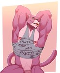 anthro big_muscles bodily_fluids border bottomless clothed clothing countershade_torso countershading front_view fur genitals hands_behind_head humor looking_at_viewer male muscular muscular_anthro muscular_male nipples obliques open_mouth open_smile pecs penis pink_background pink_body pink_countershading pink_fur pubes pun saliva shirt simple_background smile solo tank_top text text_on_clothing text_on_shirt text_on_tank_top text_on_topwear tongue tongue_out topwear white_border yellow_sclera c_andreartz metro-goldwyn-mayer pink_panther_(series) pink_panther felid mammal pantherine 2021 absurd_res hi_res portuguese_text translated