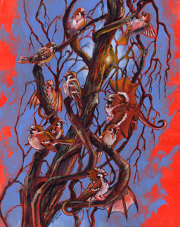 ambiguous_gender black_body black_feathers black_scales branch brown_body brown_eyes brown_feathers brown_scales feathered_wings feathers feral group membrane_(anatomy) membranous_wings perching scales sky sun white_body white_feathers white_scales wings heather_bruton bird_dragon house_sparrow 2026