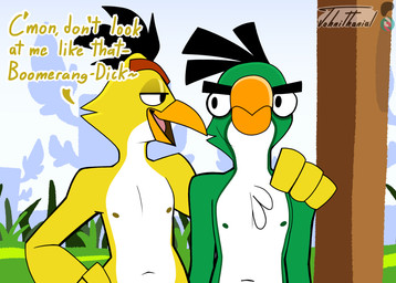 anthro beak black_eyes black_feather_hair black_hair chest_tuft duo feather_hair feathers green_body green_feathers green_nipples hair half-closed_eyes hand_on_hip hand_on_own_hip hand_on_shoulder looking_at_another male male/male multicolored_body multicolored_feathers narrowed_eyes nipples orange_beak outside pseudo_hair smile standing teasing text tongue tuft white_body white_feathers white_tuft yellow_body yellow_feathers johnithanial angry_birds rovio_entertainment sega chuck_(angry_birds) hal_(angry_birds) avian bird canary finch oscine passerine toucan 2026 artist_name digital_media_(artwork) english_text hi_res