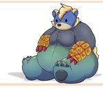 anthro belly blue_body blue_fur claws finger_claws fur green_body green_fur kemono male overweight overweight_anthro overweight_male pawpads red_claws simple_background sitting solo toe_claws white_background kusosensei capcom ikea monster_hunter djungelskog_bear arzuros primatius 2020 hi_res