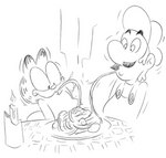 anthro candle duo food furniture interspecies male parody pasta romantic romantic_ambiance simple_background spaghetti table manwithnobats disney garfield_(series) lady_and_the_tramp mario_bros nintendo spaghetti_scene garfield_the_cat luigi domestic_cat felid feline felis human mammal 2021 crossover monochrome