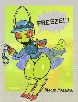 antennae_(anatomy) anthro arthropod_abdomen clothing cuff_(restraint) dialogue exoskeleton female gesture green_background green_body hand_gesture handcuffs insect_wings metal_cuffs pointing pointing_at_viewer police police_uniform restraints simple_background solo speech_bubble text uniform wings lizardfungus arthropod grasshopper insect orthopterid english_text hi_res
