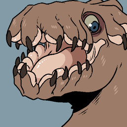 ambiguous_gender blue_background blue_eyes body_horror brown_body brown_claws brown_fur claws fur glistening glistening_eyes pink_tongue simple_background solo tongue unsigned wide_eyed swampjaws 1:1 low_res