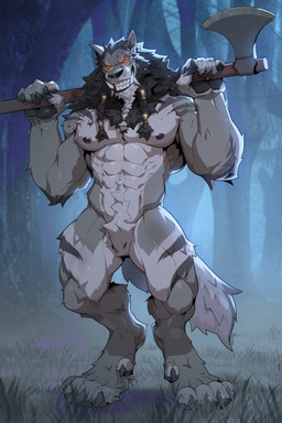 axe beard black_nipples braided_beard braided_mane claws facial_hair fangs featureless_crotch finger_claws fur grey_body grey_fur holding_object male muscular muscular_male nipples red_eyes smile solo tail teeth toe_claws tuft patto mythology mjodvitnir canid canine mammal mythological_canine mythological_creature werecanid werecanine werecreature werewolf hi_res