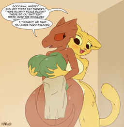 annoyed anthro anthro_on_anthro bathing big_breasts blush breast_grab breasts curvy_figure drunk duo featureless_breasts female female/female female_anthro fur hand_on_another's_breast hand_on_breast huge_breasts interspecies open_mouth profanity showering simple_background substance_intoxication tail text thick_thighs towel voluptuous voluptuous_anthro voluptuous_female wet wide_hips yellow_body yellow_fur hornamoo bethesda_game_studios microsoft oblivion prequel_adventure the_elder_scrolls katia_managan quill-weave argonian felid feline khajiit mammal reptile scalie digital_media_(artwork) english_text hi_res