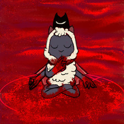 abstract_background ambiguous_gender anthro blood blood_on_floor blood_splatter bodily_fluids covered_in_blood magic magic_circle parody solo rottenshangrila cult_of_the_lamb massive_monster_(studio) meshuggah lamb_(cult_of_the_lamb) red_crown_(cult_of_the_lamb) bovid caprine mammal sheep 1:1 cover_art hi_res