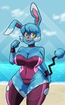absolute_territory anthro azumarill big_breasts blue_body bow_(feature) bow_in_front bow_tie breasts bunny_costume cleavage clothed clothing collar costume cuffs_(clothing) diamond_grenadier female generation_2_pokemon hi_res legwear nintendo pokemon pokemon_(species) solo spots swimwear thigh_highs tight_clothing white_spots yellow_eyes