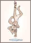 anthro blush border clothes_on_floor exposed female flat_chested fur genitals green_eyes navel nude orange_border pussy rope solo suspension tan_body tan_fur upside_down young young_anthro shouk vesalius felid feline lion mammal pantherine hi_res