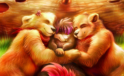 ambiguous_gender anthro bear_hug brown_body brown_fur cuddling detailed_background eyes_closed feral fluffy fur group happy hug kerchief log male neckerchief neckwear wood chibity mr._bear_sama bear canid canine canis hybrid lagomorph leporid mammal rabbit wolf