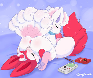 3_fingers 3_toes 69_position 6_tails ambiguous_gender animal_genitalia animal_penis anus bed big_butt blue_collar blue_jewelry blue_necklace blush blush_lines bodily_fluids butt candy canine_genitalia canine_penis collar cum cum_in_mouth cum_inside cum_on_penis dessert duo eyes_closed feet feral feral_on_feral fingers fluffy fluffy_tail food freckles fur fur_markings furniture genital_fluids genitals gloves_(marking) head_tuft inner_ear_fluff jewelry knot knotted_penis leg_markings lying lying_on_another lying_on_bed male male/ambiguous male_feral markings multi_tail necklace on_bed oral pawpads paws penis pink_anus pink_body pink_freckles pink_fur pink_markings pink_tail pink_tuft purple_inner_ear purple_pawpads raised_tail red_body red_ears red_freckles red_fur red_knot red_markings red_paws red_penis red_tail ribbons sex socks_(marking) spread_legs spreading sucking tail text toes tuft white_body white_fur fluffydasher game_boy game_boy_family nintendo pocky pokemon fan_character fuwa_(fluffydasher) alolan_form alolan_vulpix eeveelution generation_6_pokemon generation_7_pokemon pokemon_(species) regional_form_(pokemon) sylveon 2023 artist_name character_request digital_drawing_(artwork) digital_media_(artwork) hi_res signature