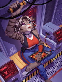 4_toes 5_fingers anthro barefoot biped blue_eyes bottomwear breasts brown_body brown_fur brown_hair claws clothed clothed_anthro clothed_female clothing collar collar_tag computer_screen countershade_fur countershade_torso countershading crossed_legs ear_piercing fangs feet female finger_claws fingers fully_clothed fully_clothed_anthro fully_clothed_female fur hair heterochromia holding_object inside looking_up mechanic open_mouth pants pawpads paws piercing pink_eyes sabertooth_(anatomy) science_fiction screwdriver sitting solo striped_body striped_fur stripes tablet teeth toe_claws toes tongue tools topwear wire hacatiko domestic_cat felid feline felis mammal 2025 3:4 digital_media_(artwork) hi_res