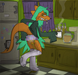 age_regression ageplay alphabet alternative_fashion anthro appliance beverage blue_hair bodily_fluids checkered checkered_floor cigarette clothed clothing coffee diaper footwear freckles fridge fur genital_fluids goth hair infantilism inside kitchen_appliance leaking_diaper legwear orange_body orange_fur pattern_diaper peeing puddle pull-ups_(diaper) roleplay sharp_teeth socks solo teeth thin_diaper tired topwear unclean_diaper urine used_diaper wearing_diaper wet wet_diaper wetting yellow_eyes cate_wurtz lamezone lenore_(lamezone) mammal unknown_species