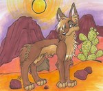 ambiguous_gender black_nose blue_eyes brown_body brown_fur brown_inner_ear brown_inner_ear_fluff cactus desert digitigrade eyebrows feral fur head_tuft inner_ear_fluff looking_at_viewer paws plant purple_sky rock sand sky snout solo standing sun tail tuft blondefoxy skuff_coyote canid canine canis coyote mammal 2007 full-length_portrait marker_(artwork) pen_(artwork) portrait traditional_media_(artwork)