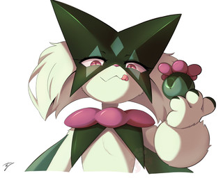 3_fingers ambiguous_anthro ambiguous_gender anthro eyelashes fingers flower_trick frill_(anatomy) front_view fur green_body green_fur holding_object jagged_mouth kemono licking licking_lips licking_own_lips light looking_at_viewer low-angle_view mask neck_frill pink_eyes pink_nose pupils simple_background solo tongue tongue_out white_background suru56nee nintendo pokemon felid feline generation_9_pokemon mammal meowscarada pokemon_(species) 2025 5:4 colored digital_media_(artwork) half-length_portrait hi_res lighting portrait shaded signature