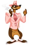 anthro bottomless brown_body brown_fur cigarette claws clothed clothing featureless_crotch fur hat headgear headwear male necktie plantigrade sharp_teeth simple_background solo suit teeth white_background zoot_suit polartoons disney who_framed_roger_rabbit smarty_weasel toon_patrol least_weasel mammal mustelid musteline true_musteline weasel 2016 hi_res