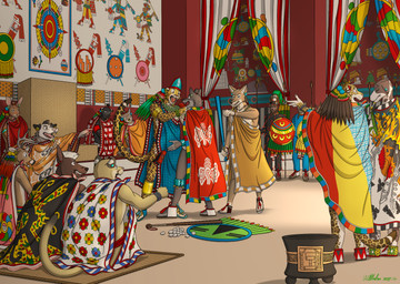 angry anthro argument aztec black_nose brown_body brown_fur cape clenched_teeth clothed clothed_anthro clothed_male clothing footwear fur grey_body grey_fur group macuahuitl male markings melee_weapon multicolored_body multicolored_fur sandals shoes spots spotted_body spotted_fur tan_body tan_fur teeth two_tone_body two_tone_fur weapon white_body white_fur yellow_body yellow_fur ohs688 american_opossum canid canine canis coyote deer domestic_dog felid jaguar lagomorph leporid mammal marsupial pantherine rabbit wolf absurd_res hi_res story story_in_description