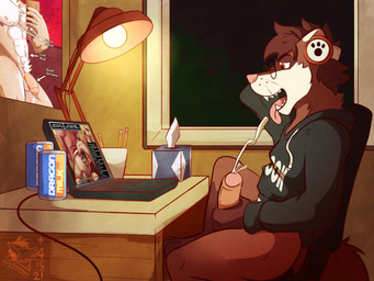 anthro black_clothing black_topwear bodily_fluids bottomless brown_body brown_fur chair clothed clothing computer cum cumshot ejaculation electronics eyewear fur furniture genital_fluids genitals glasses headphones humanoid_genitalia humanoid_penis lamp laptop male masturbation night open_mouth pencil_(object) penile penile_masturbation penis pink_tongue plant side_view sitting solo teeth text tissue_box tongue tongue_out topwear tree whiskers window writing_utensil ventkazemaru domestic_ferret mammal mustelid musteline true_musteline weasel 2021 4:3 dated e621_post_recursion english_text hi_res