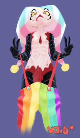 abs bottomwear bottomwear_down clothed clothing cock_teasing double_v_sign erection genitals gesture hand_gesture looking_at_viewer male multicolored_bottomwear multicolored_clothing pants pants_down partially_clothed penis rainbow_bottomwear rainbow_clothing rainbow_pants slim solo standing suspenders tongue tongue_out v_sign vein veiny_penis voidpointer hellaverse helluva_boss fizzarolli_(helluva_boss) humanoid absurd_res hi_res