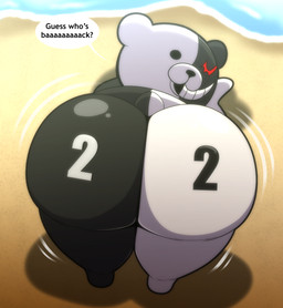 anthro ass_up beach big_butt butt butt_tattoo dialogue high-angle_view huge_butt looking_at_viewer male male_anthro motion_lines nude_anthro nude_male number_tattoo presenting presenting_hindquarters sand shaking_butt solo speech_bubble tattoo teasing teasing_viewer text tepigfan101 danganronpa danganronpa_2 spike_chunsoft monokuma bear mammal 2025 absurd_res digital_media_(artwork) english_text hi_res