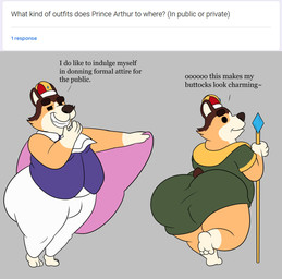 anthro art_prompt big_butt black_eyes bottomwear brown_body brown_ears brown_fur brown_tail bulge butt cape clothed clothed_anthro clothed_male clothing crown eyebrows fully_clothed fully_clothed_anthro fully_clothed_male fur green_clothing green_robe hand_on_mouth headgear holding_object holding_staff looking_at_butt looking_at_own_butt looking_at_self looking_at_viewer looking_back male multicolored_body multicolored_clothing multicolored_fur multicolored_robe orange_clothing orange_robe pants pink_cape pink_clothing pose purple_clothing purple_topwear purple_vest q&a question question_mark raised_eyebrow rear_view robe royalty short_tail smile solo staff standing tail tan_body tan_fur teeth text thick_thighs three-quarter_view topwear two_tone_clothing two_tone_robe vest white_bottomwear white_clothing white_pants colossalstars arthur_higgles canid canine canis domestic_dog herding_dog mammal pastoral_dog welsh_corgi 2025 absurd_res digital_media_(artwork) english_description english_text hi_res